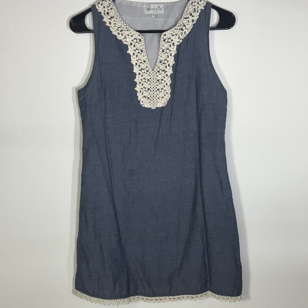 Mud Pie Blue Chambray Crochet Lace Sleeveless Shift Dress Women's Small